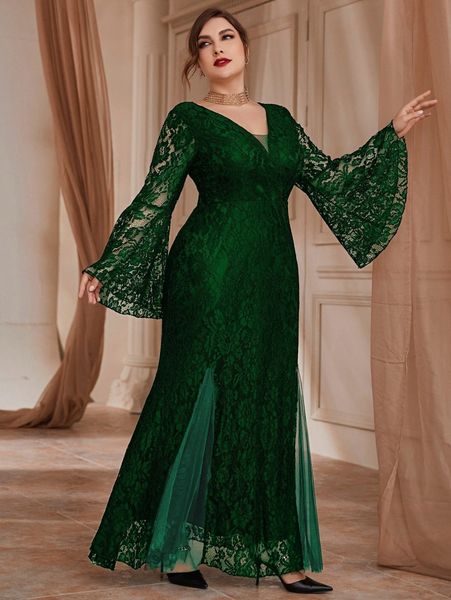 

plus flounce sleeve lace prom dress k3ie#, Black