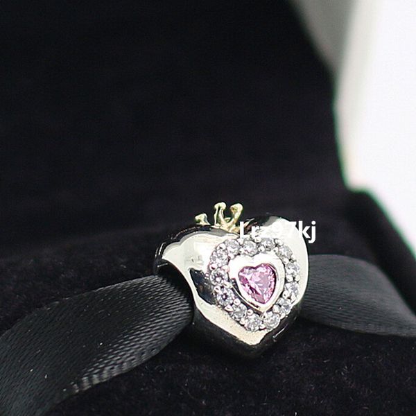 

925 sterling silver & 14k real gold princess heart charm bead with clear cz fits european pandora jewelry bracelets & necklace pendant, Black