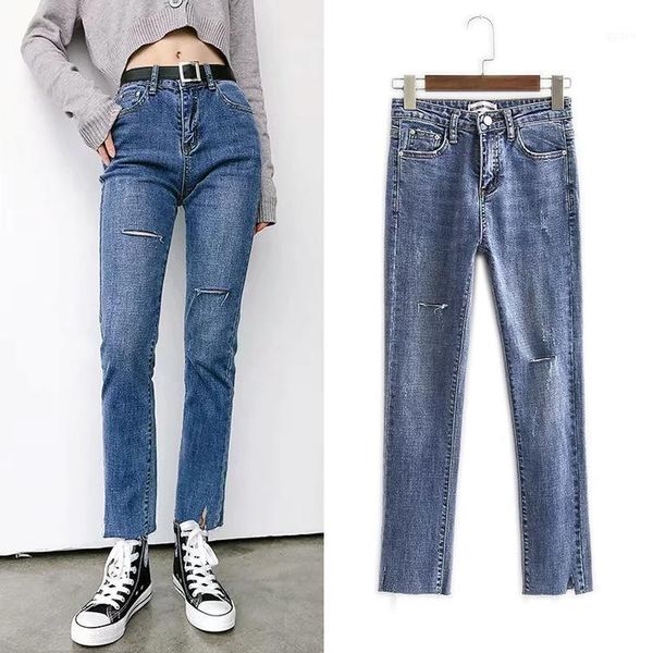 

casual loose straight jean pants women hole destroyed high waisted jeans korean stretch fashion blue harajuku denim pants1