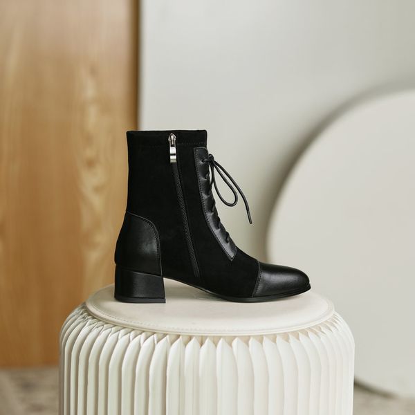 

2021 new lace up zipper round toe ankle patchwork pu flock short boots square heel autumn winter women shoes size 34-43 n9kq, Black