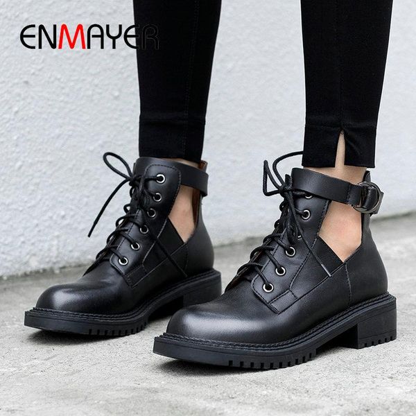 

boots enmayer 2021 basic ankle for women fashion genuine leather lace-up round toe winter shoes buckle womens 34-39, Black