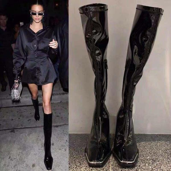 Новые черные патентные кожаные колены высокие сапоги женские металлические квадратные пальцы ног коренастый высокий каблук длинные ботинки зимняя вечеринка ботас мохер