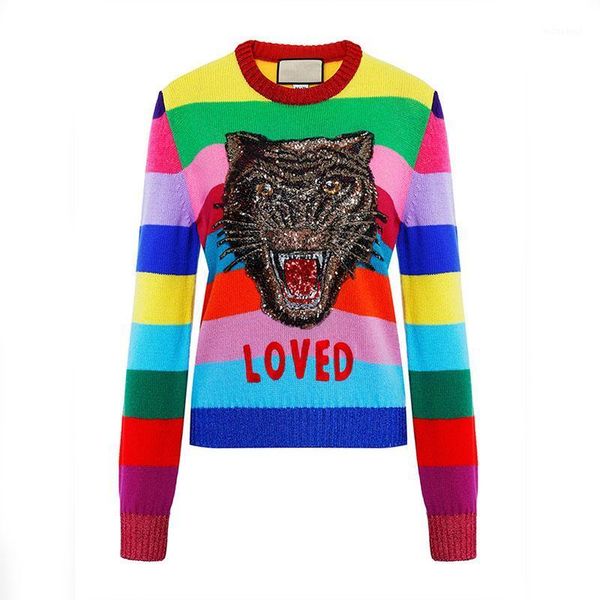 

runway design tiger sequins women sweater 2020 winter long sleeve female rainbow striped knitted pullovers embroidered clothing1, White;black