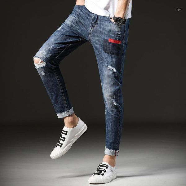 

mens ripped holes skinny elastic denim pants casual slim scratched long jeans biker cool ankle length pants 114331, Blue