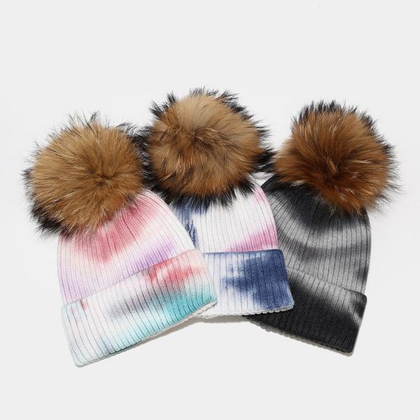 

tie-dye wool ball knitted hat new style women outdoor ski cap soft stretch knitted hat lla66, Blue;gray