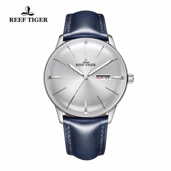 Armbanduhren 2021 Reef Tiger/RT Herren-Kleideruhren, konvexe Linse, weißes Zifferblatt, automatisches blaues Lederband RGA82381