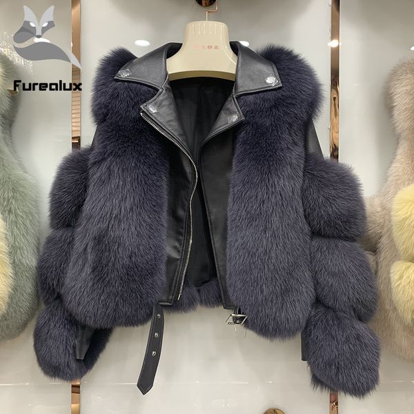

furealux fashion short fox fur coats genuine sheepskin leather wholeskin natural fox fur jacket winter new luxury warm outwearx1019, Black