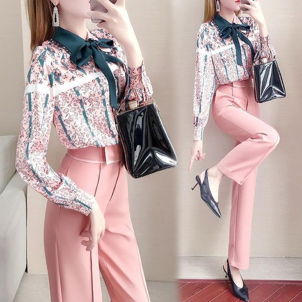 

women's suits 2020 spring new fashionable style commuting two-piece chiffon shirt pants 2 piece sets womens outfits1, Gray