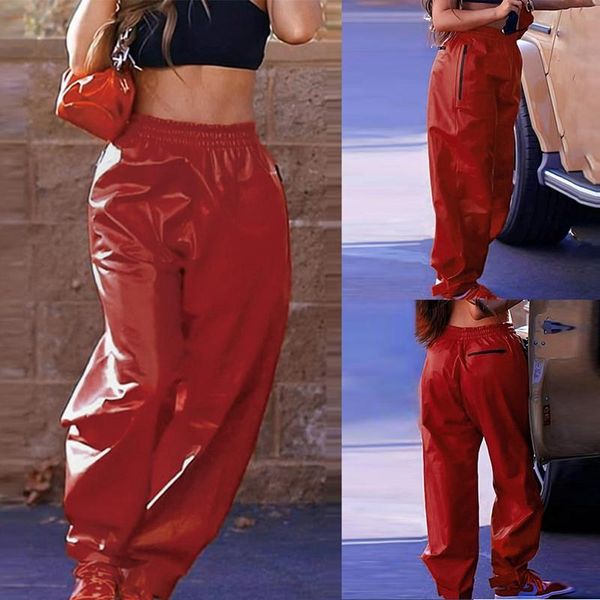 

red artificial pu leather high waist straight leg pants ladies casual pants autumn winter zipper pocket trousers, Black;white