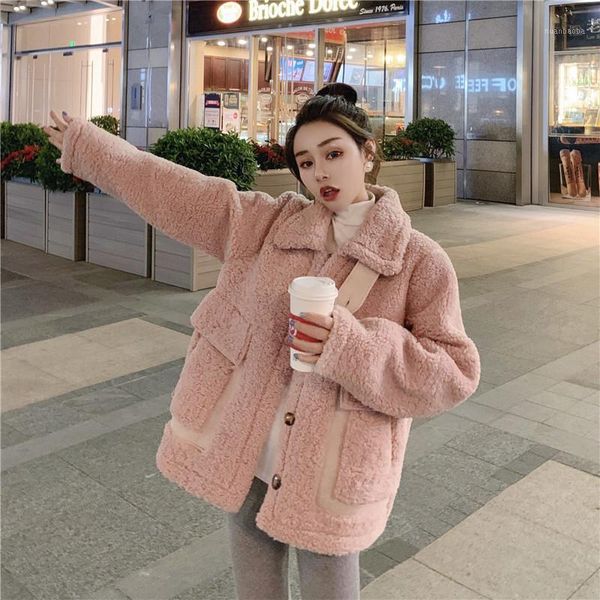 

faux fur jacket winter coat women single breasted faux lamb fur coat warm thick fashion loose plush ladies teddy jacket1, Black