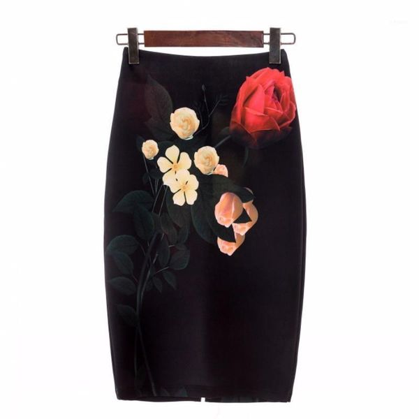 

2019 new arrival red flower print women pencil skirts lady midi saias female black faldas girls slim bottoms s- clothing1