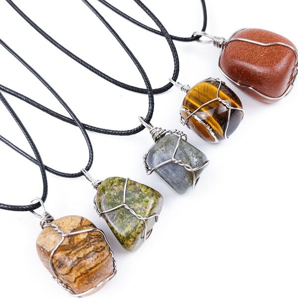

wholesale 10 pcs silver plated wire wrap irregular shape many colors quartz stone pendant rope chain necklace charm jewelry
