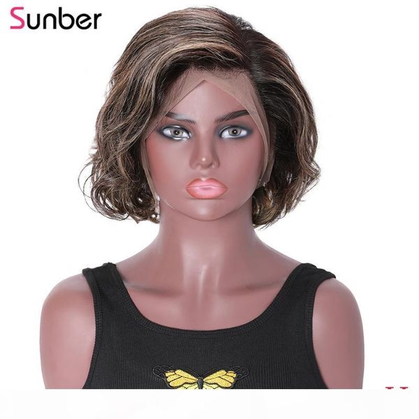

sunber peruvian highlight bob wavy lace frontal human hair wig 13x4 150% density pre-plucked short wave pixie cut lace wig, Black;brown