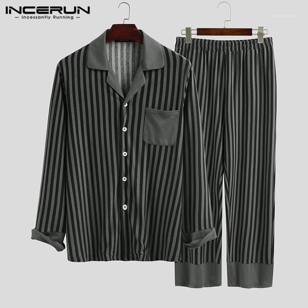 

men's sleepwear fashion men striped pajamas set homewear long sleeve lapel cozy pants 2021 autumn nightwear sets incerun s-5xl1, Black;brown
