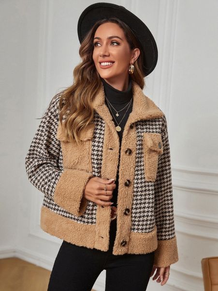 

houndstooth print drop shoulder overcoat t06c#, Black