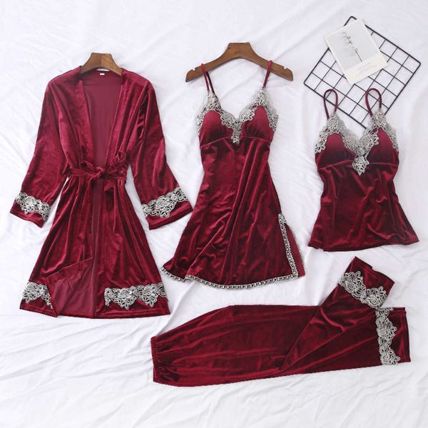 

new lace pajamas nightgowns robe gown women women's velvet long sleeve suspender 4-piece set with bra suit lingerie, Black;red