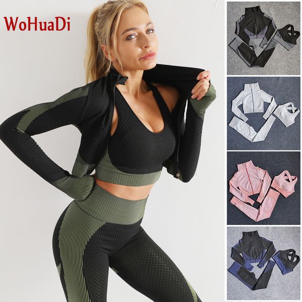

wohuadi 3pcs seamless women's clothing yoga sets female sport gym wear running fitness long sleeve shirt+bra+leggings push up c0122, Black;white