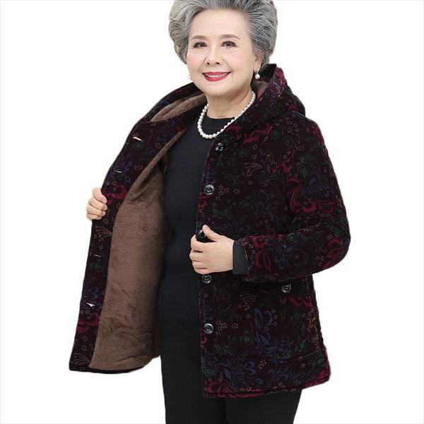 

new corduroy grandmother cotton jacket plus size 5xl winter middle aged warm print hooded coat elderly women parkas jacket w1664, Black