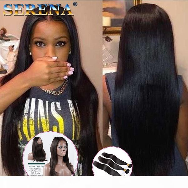 

360 lace frontal with bundles 3pcs lot virgin hair straight 360 closure 3 bundles black hair extensions human hair with frontal, Black;brown