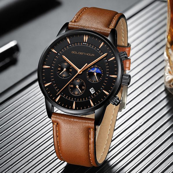 

goldenhour new wisdom design men watch erkek kol saati sport leather male clock leather man wrist watch 2019 relogio masculino, Slivery;brown