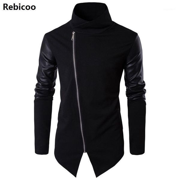 

men hooded sweatshirts with leather patchwork hip hop mantle hoodies fashion outwear long sleeves asymmetrical man's outwear1, Black