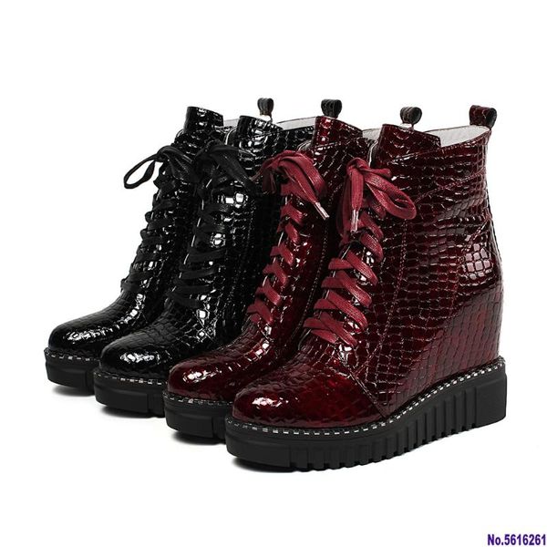 

boots fashion patent cow leather platform ankle women autumn winter fretwork western shoes woman height increase 32-40, Black