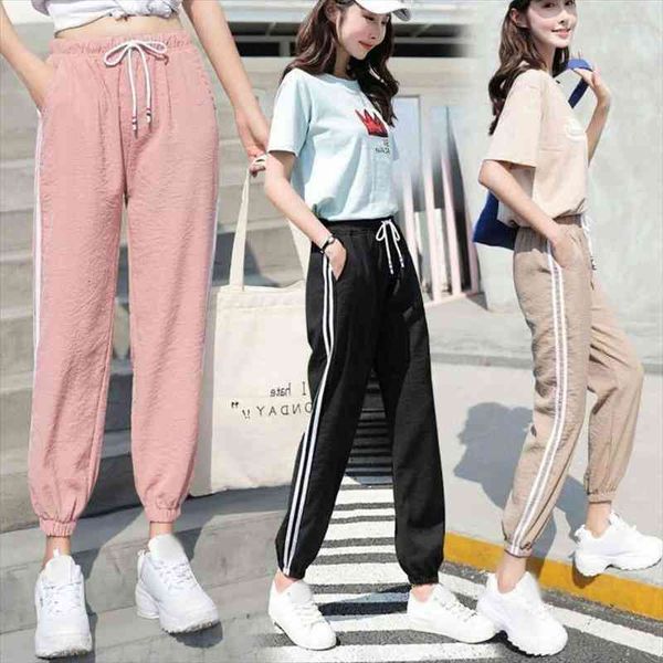 

womens summer autumn ladies high waist trousers casual stiped sports long pants loose korean version jogger sweatpants, Black;white
