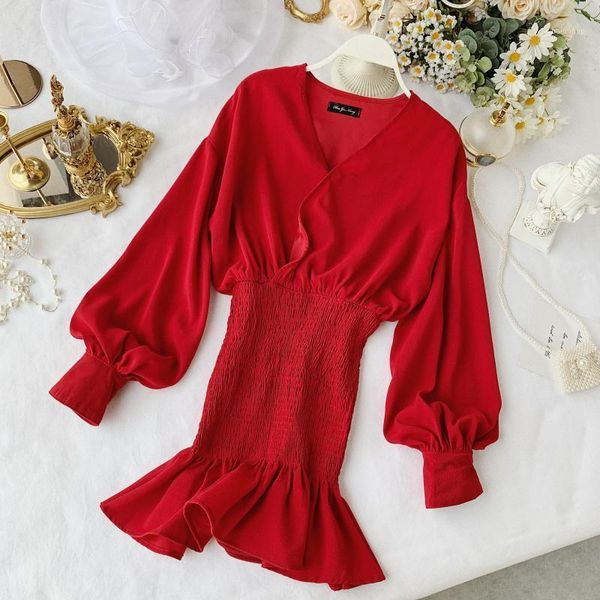 

deat 2020 spring long puff sleeve v neck red high waist size slim short mini dress women mg3591, Black;gray