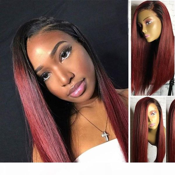 

1b 99j ombre human hair straight full lace wig for black woman 100% brazilian hair two tone black roots 130% density lace front wig, Black;brown