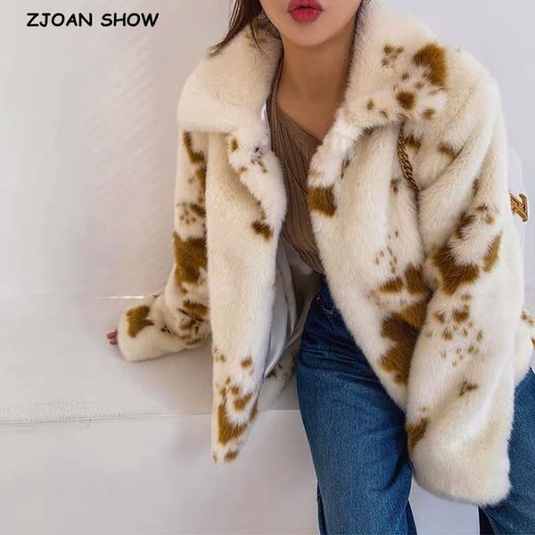 

winter notched collar hairy shaggy tuscan cow leopard fur jacket long sleeve furry women coat loose short outerwear, Black