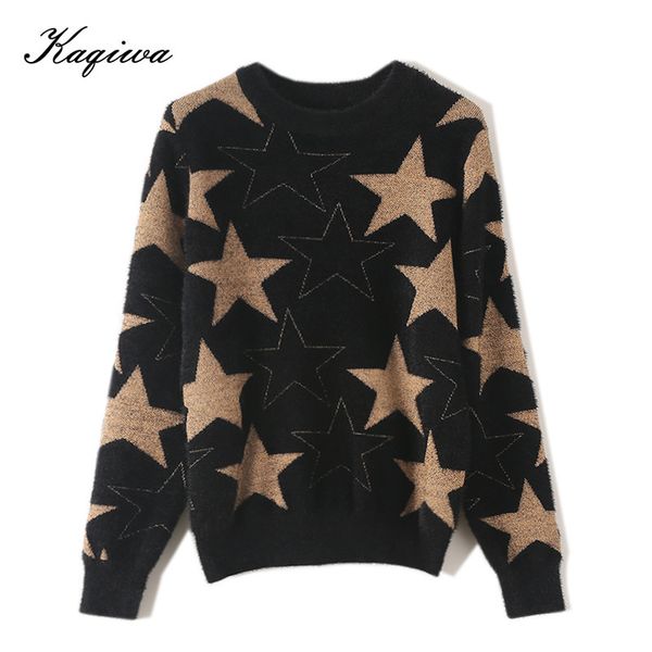 

fashion house spring 2020 fashion line stylish black sweater star mink fleece loose-fitting slim sweater b-052 lj201112, White;black