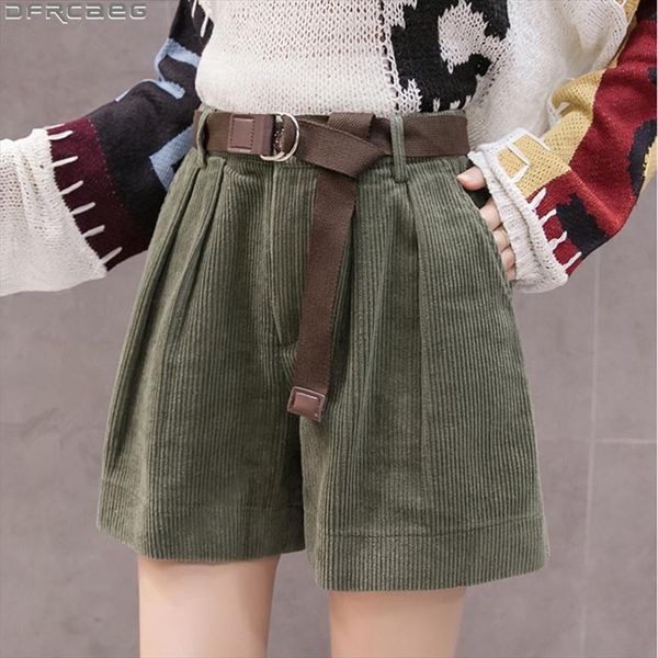 

casual streetwear s 5xl plus size shorts for women winter high waist corduroy ladies shorts with belt loose wide leg short femme, White;black