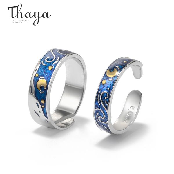 

thaya s925 silver van gogh's enamel couple rings sky star moon glitter rings engagement ring wedding jewelry for women 201006, Golden;silver