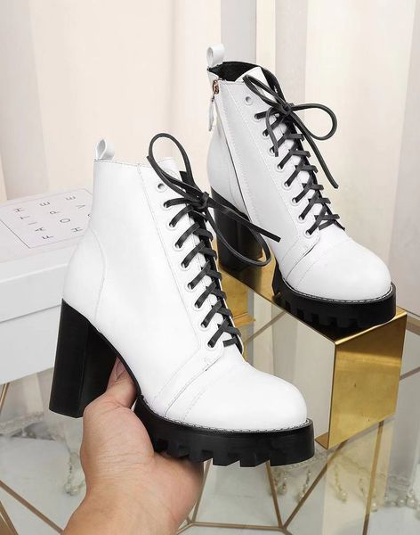 

designer womens boots luxury white patent leather lace-up side zipper round head high heel boots with box size 35-42, Black