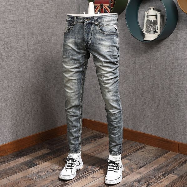 

2021 new newly designer fashion men jeans elastic slim fit casual denim trousers italian style retro blue vintage long pants lq