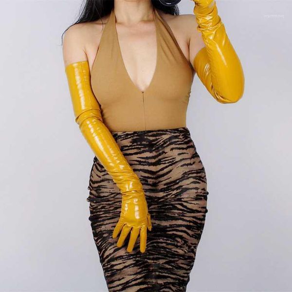 

Women' patent pu Leather yellow color Long gloves female ultra long fashion leather party dress glove 70cm R12961, Blue;gray