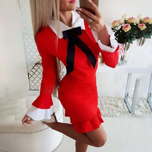

casual dresses chrismas slim ruffle party dress turn down collar bow patchwork women winter fashion vestidos, Black;gray
