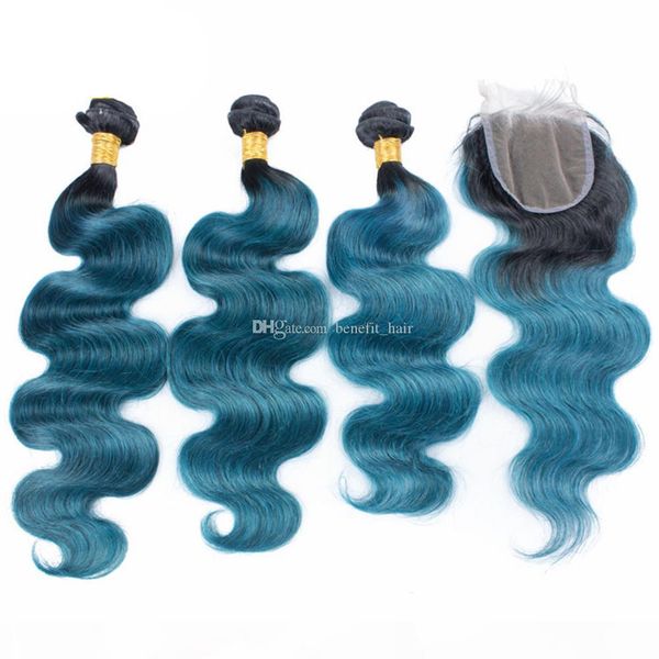 

ombre colored brazilian body wave 3bundles with lace cloure 4x4 dark roots 1b blue human hair wefts with closure with baby hair, Black