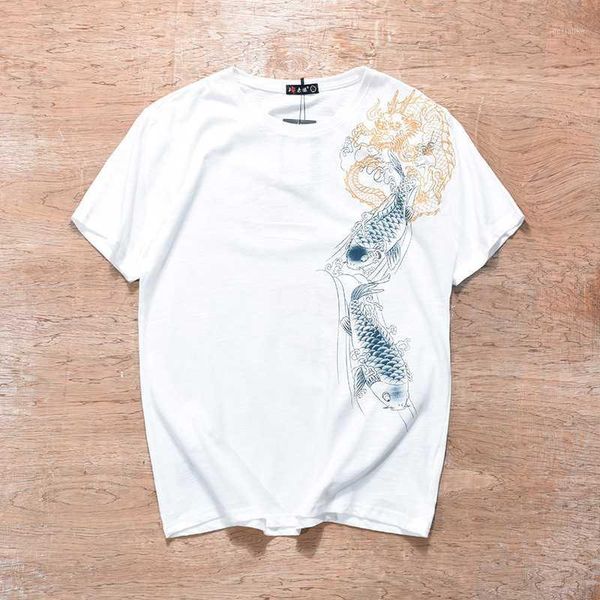 

style summer chinese 2020 yokosuka embroidery dragon carp totem t-shirt women fashion o-neck for lovers tees1, White