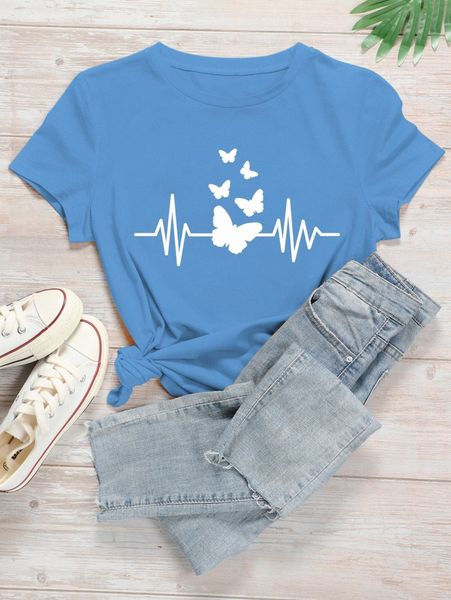 

butterfly print round neck tee l5ym#, White