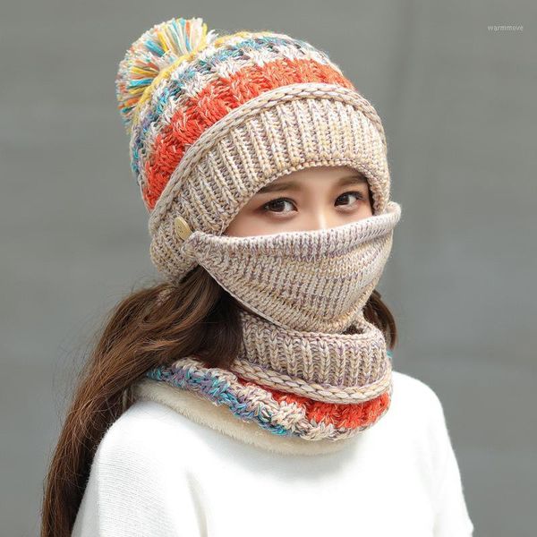 

Autumn winter new woolen hat lady winter knitted hat outdoor warm scarf mask set of three pieces1, Blue;gray