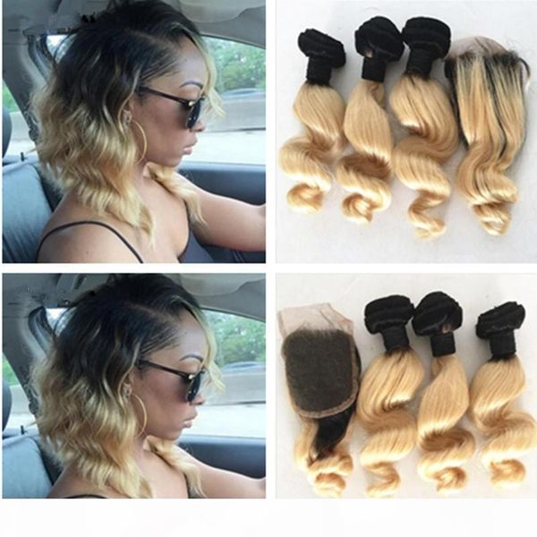 

#1b 613 blonde ombre hair with lace closure two tone hair with closure loose wave human hair weaves with bleached knots lace closure, Black;brown