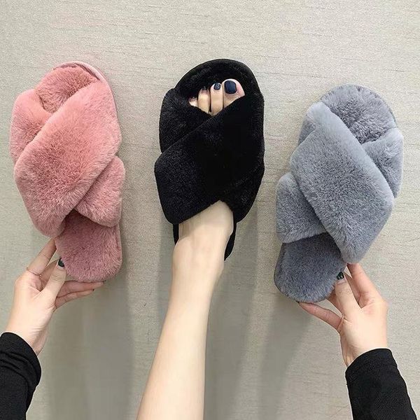 

lluumiu winter women home slippers with faux fur fashion warm shoes woman slip on flats female indoor ladies slides black pink