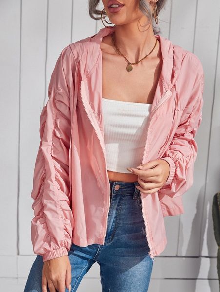 

ruched sleeve zipper drawstring hooded jacket m5vl#, Black;brown