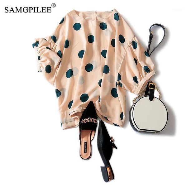 

plus size women korean clothes casual blouse women 2020 chiffon half sleeve button polka dot o-neck lantern sleeve chiffon1, White