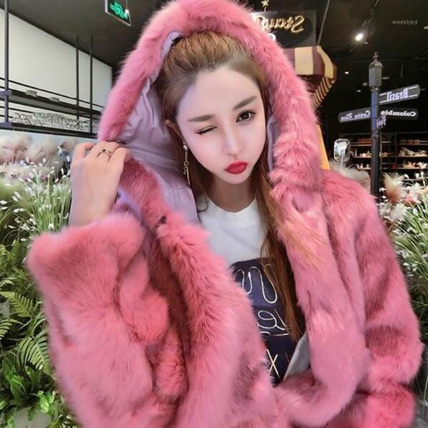 

hooded faux fur bomber thick fur jacket flocking cardigans coat long-sleeved loose rose outwear high waist trenchs 1, Black