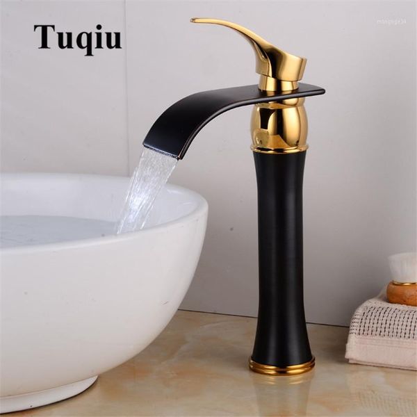 

basin faucet single handle black & gold brass waterfall basin mixer tap & cold bathroom faucets sink waterfall faucet drain1