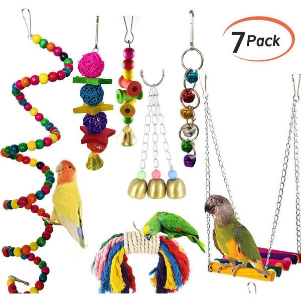 

7pcs/set pet parrot hanging toy chewing bite rattan balls grass swing bell bird parakeet cage accessori qylvdr bdenet
