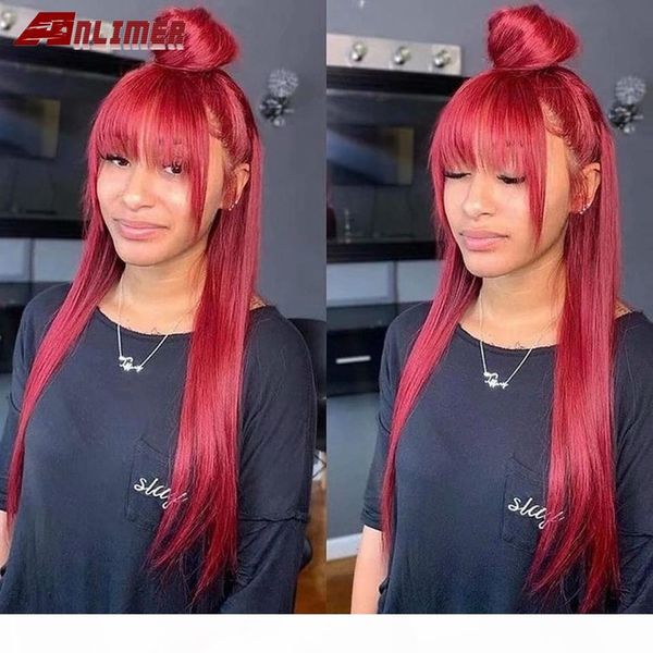 

99j burgundy red 13x4 lace front human hair wigs pre plucked lace front wig with bangs straight wine red brazilain remy wig, Black