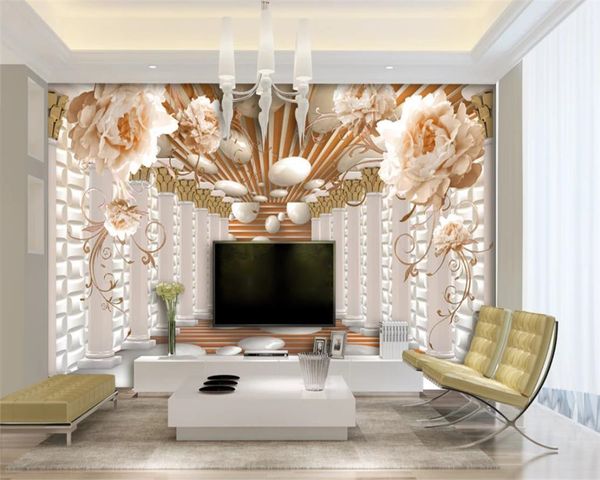 

luxury 3d flower wallpaper european-style elegant peony flower roman column extension tv background wall mural 3d wallpaper
